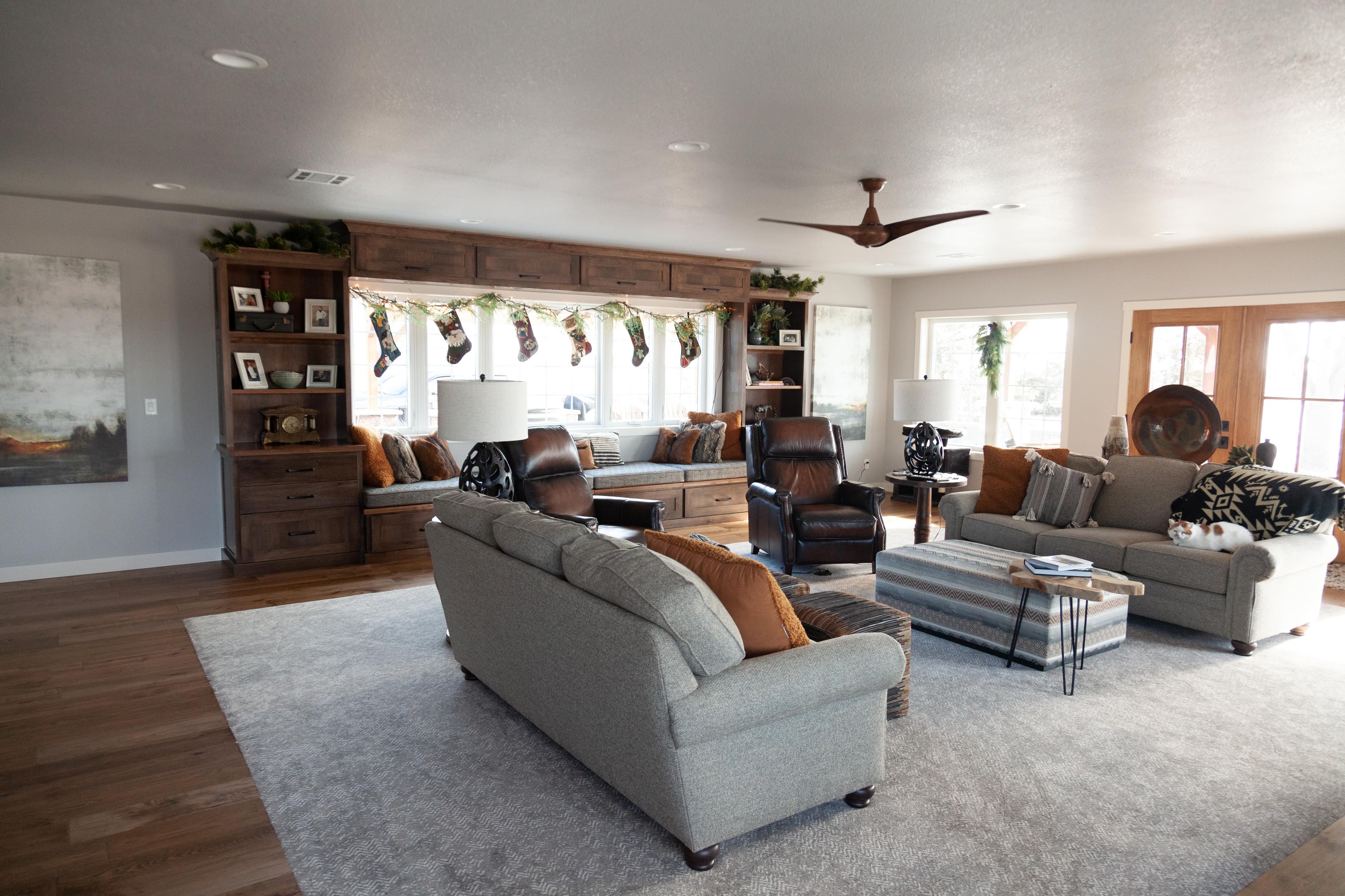 Built-in window seat and bookshelves